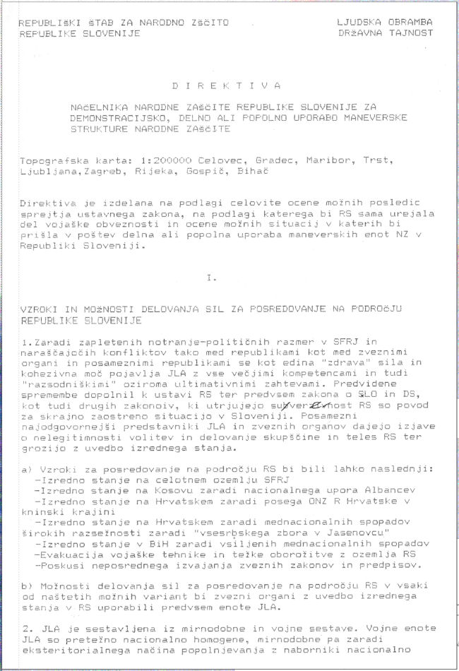 Prva stran direktive načelnika Narodne zaščite, 7. september 1990