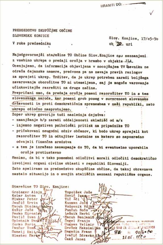 Protest 27 starešin TO občinskemu predsedstvu, 17. maj 1990