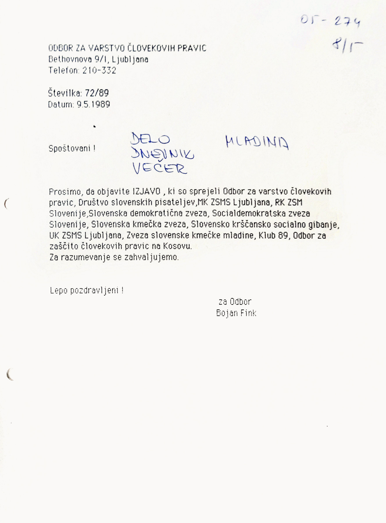 Dopis Odbora medijem o objavi skupne izjave, 9. maj 1989