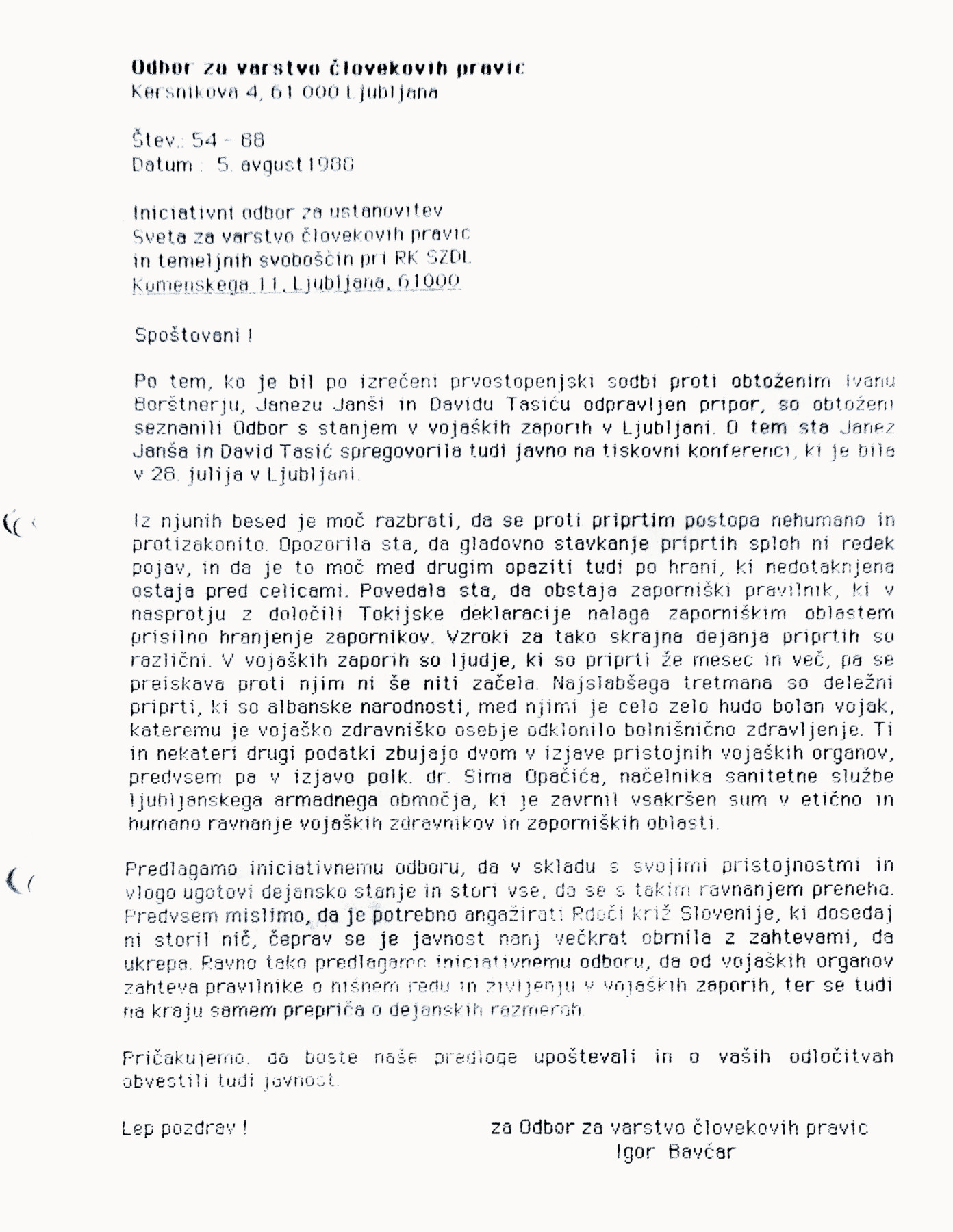 Dopis Odbora Iniciativnemu odboru za ustanovitev Sveta za varstvo člov. pravic – 5.8.1988