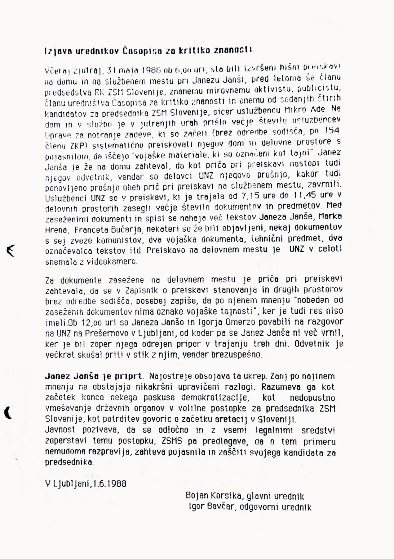 Tipkana izjava urednikov ČKZ s podpisoma