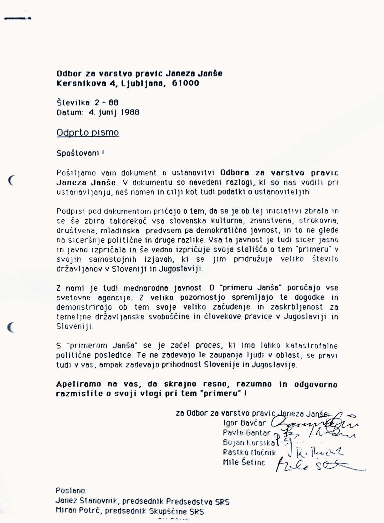 Tipkano odprto pismo s petimi lastnoročnimi podpisi