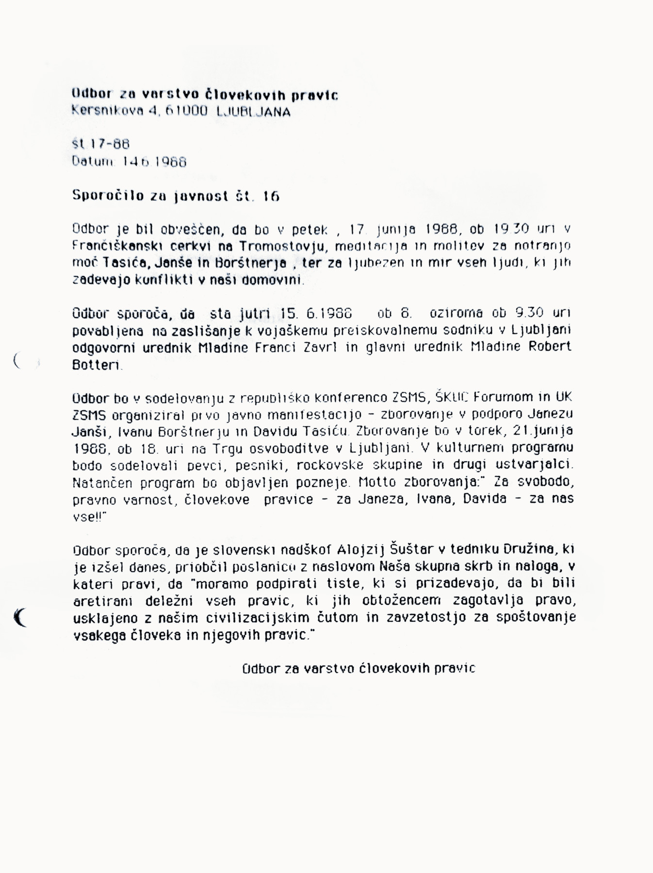Sporočilo Odbora št. 16 z napovedjo molitve