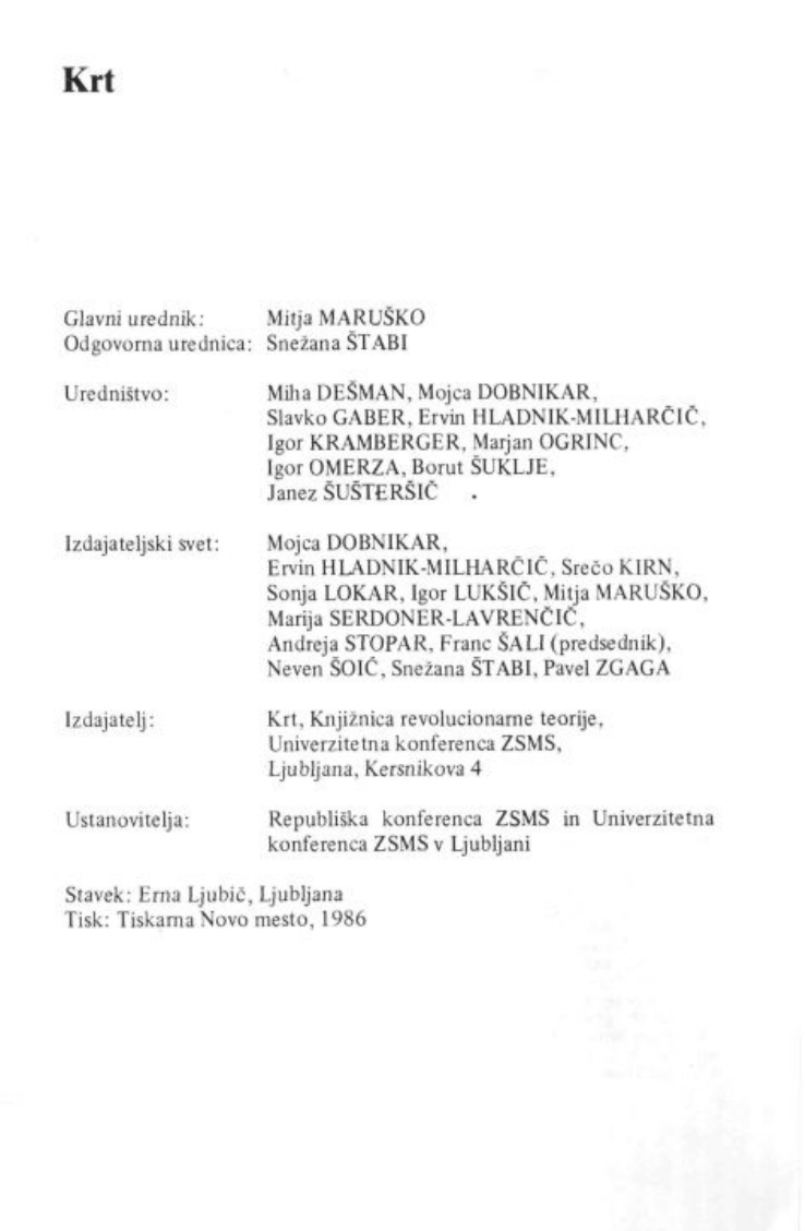 Kolofon Krta iz leta 1986