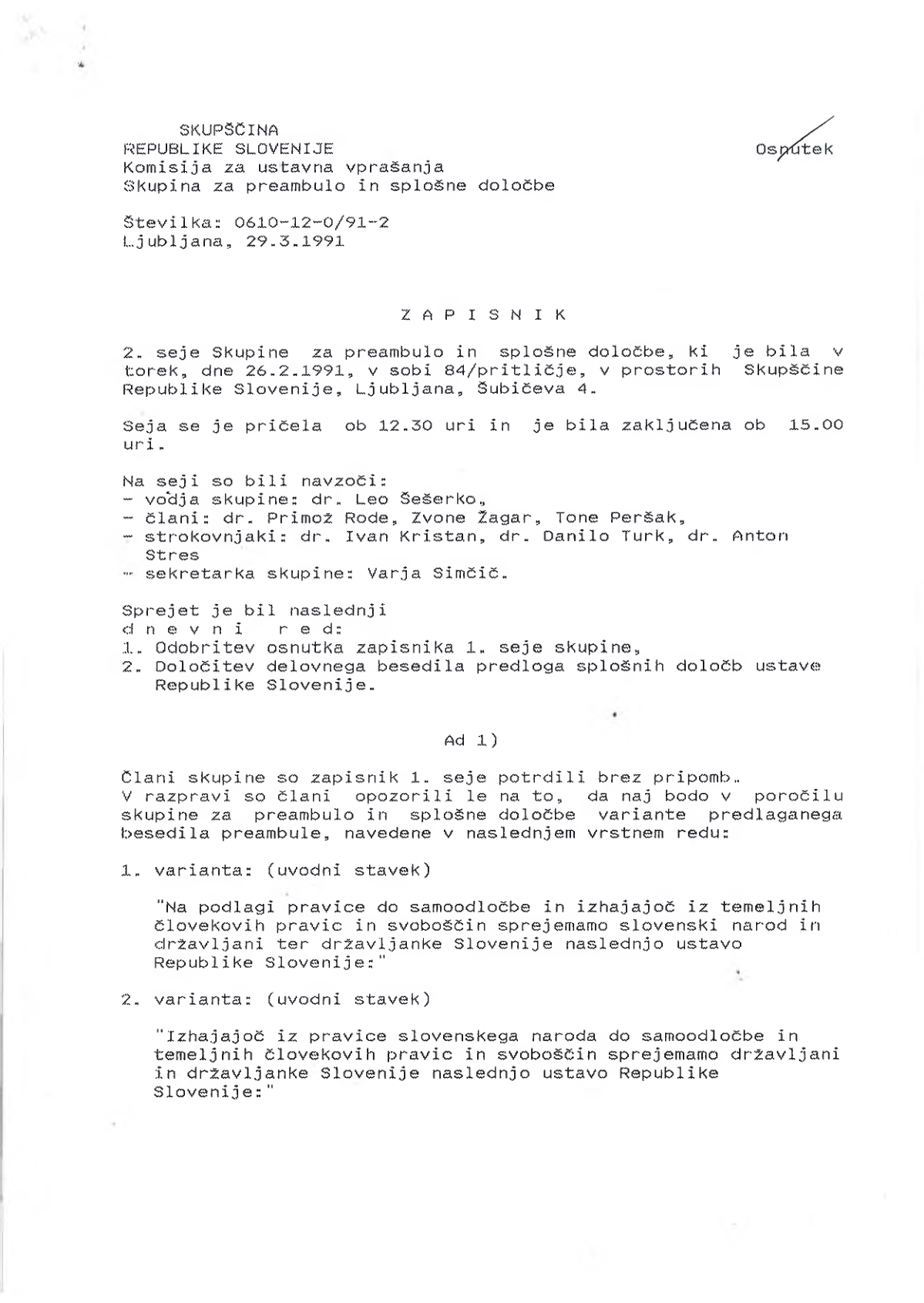 Štiri različice preambule februarja 1991