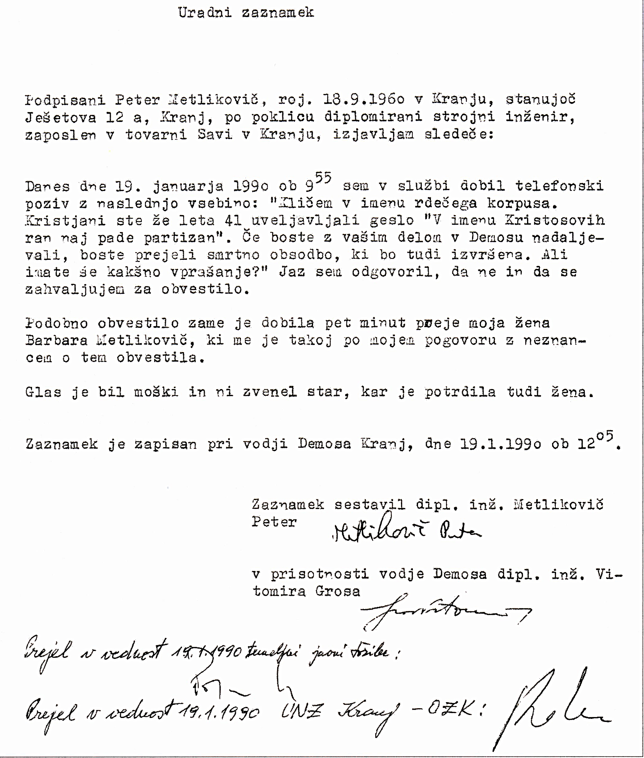 Zaznamek o telefonski grožnji Petru Metlikoviču