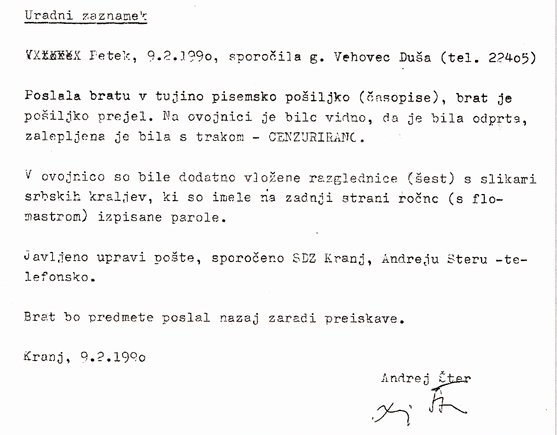 Zaznamek o odprti poštni pošiljki
