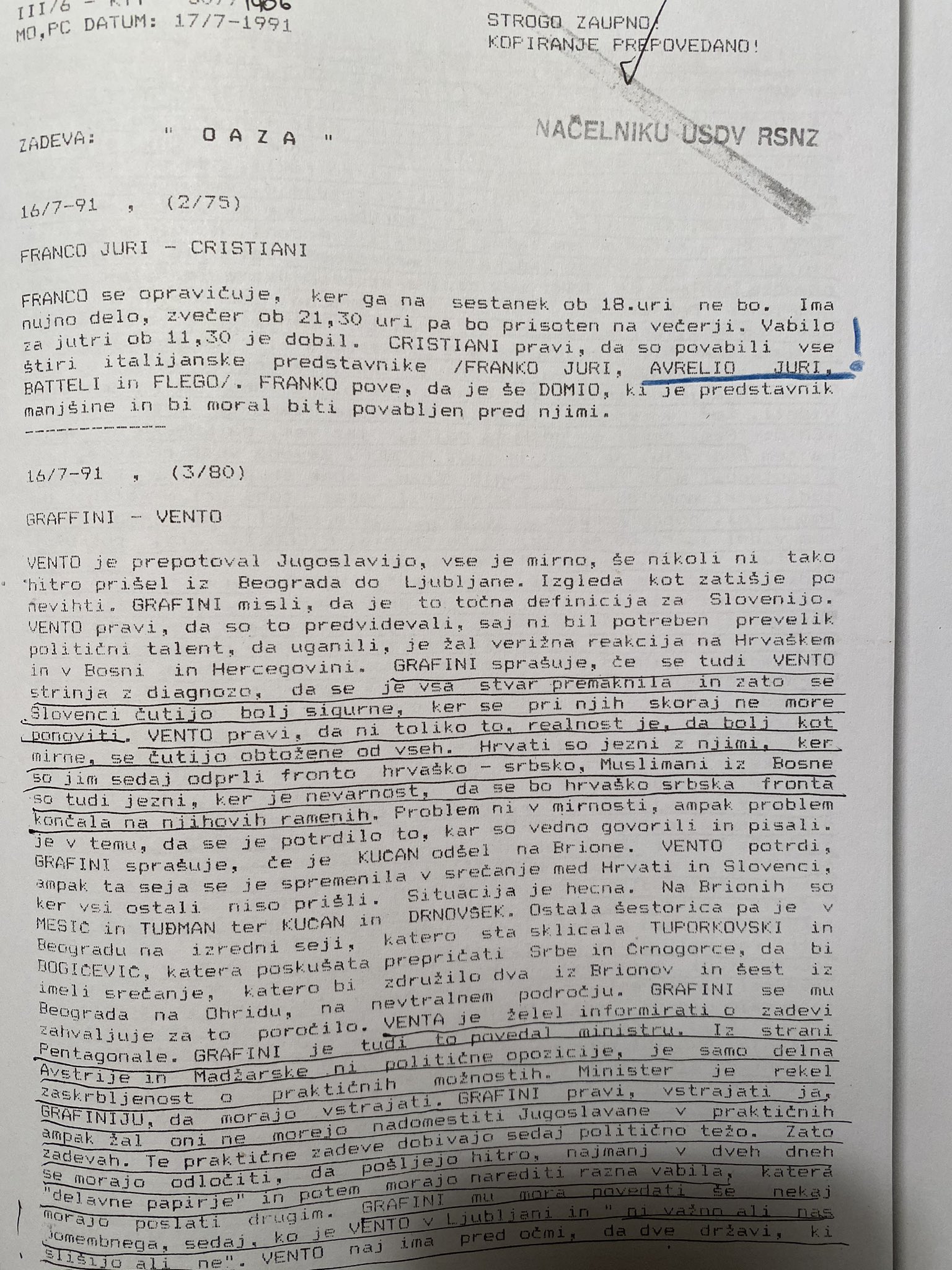 Poročilo OAZA 17. julija 1991
