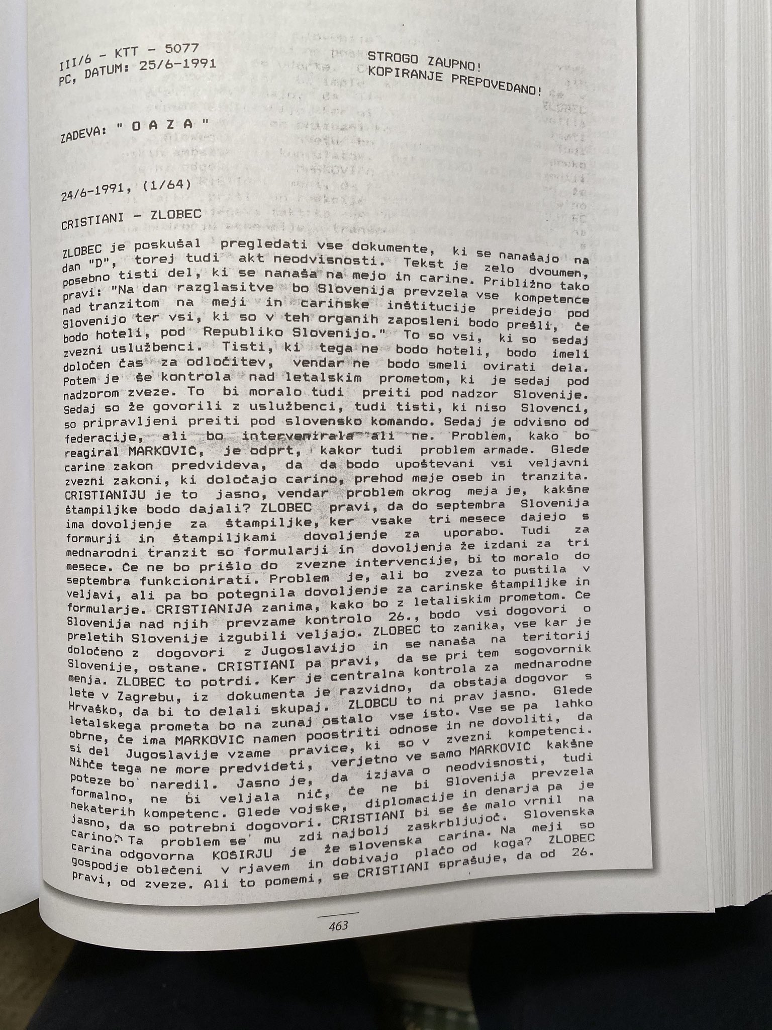 Poročilo OAZA 25. junija 1991